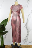 Brown Casual Striped Print Basic O Neck Short Sleeve Dress