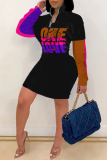 Multicolor Street Print Patchwork Letter Zipper Collar One Step Skirt Dresses