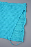 Blue Sexy Solid Hollowed Out Backless Half A Turtleneck Sleeveless Two Pieces