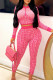 Rose Red Casual Plaid Patchwork Printing Zipper O Neck Long Sleeve Two Pieces
