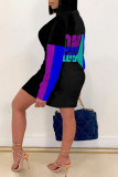 Multicolor Street Print Patchwork Letter Zipper Collar One Step Skirt Dresses