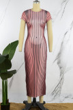 Brown Casual Striped Print Basic O Neck Short Sleeve Dress
