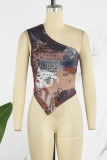 Brown Casual Print Backless Asymmetrical Oblique Collar Tops