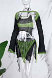 Black Sexy Color Lump Bandage Backless High Opening Contrast Asymmetrical Collar Long Sleeve Two Pieces