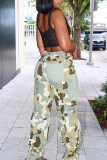 Light Green Street Camouflage Print Patchwork Pocket Regular High Waist Straight Full Print Bottoms