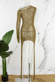 Brown Sexy Solid See-through Asymmetrical Long Sleeve Dresses