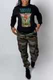 Black Daily Print Patchwork O Neck Tops