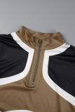 Purple Street Color Lump Patchwork Contrast Zipper Collar Long Sleeve Two Pieces