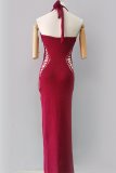 Burgundy Sexy Solid Hollowed Out Patchwork Backless Halter Wrapped Skirt Dresses