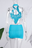 Blue Sexy Solid Hollowed Out Backless Half A Turtleneck Sleeveless Two Pieces