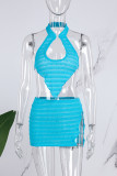 Blue Sexy Solid Hollowed Out Backless Half A Turtleneck Sleeveless Two Pieces
