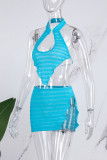 Blue Sexy Solid Hollowed Out Backless Half A Turtleneck Sleeveless Two Pieces