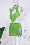 Blue Sexy Solid Hollowed Out Backless Half A Turtleneck Sleeveless Two Pieces