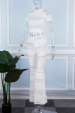 White Casual Solid See-through Turtleneck Short Sleeve Two Pieces