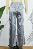 Silver Casual Street Solid Patchwork Pocket Straight Low Waist Straight Solid Color Bottoms