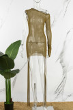Brown Sexy Solid See-through Asymmetrical Long Sleeve Dresses