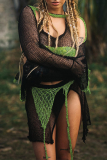 Black Sexy Color Lump Bandage Backless High Opening Contrast Asymmetrical Collar Long Sleeve Two Pieces
