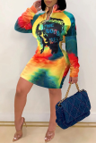 Multicolor Street Print Patchwork Letter Zipper Collar One Step Skirt Dresses