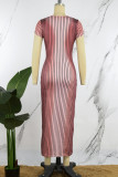 Brown Casual Striped Print Basic O Neck Short Sleeve Dress