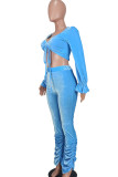 Sky Blue Casual Solid Draw String Frenulum Fold V Neck Long Sleeve Two Pieces