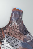 Brown Casual Print Backless Asymmetrical Oblique Collar Tops