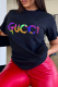 Black Casual Daily Print Patchwork Letter O Neck T-Shirts