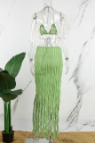 Green Sexy Solid Tassel Bandage Backless Halter Sleeveless Two Pieces