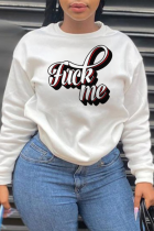 White Casual Print Letter O Neck Tops