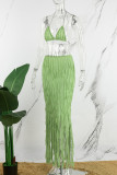 Green Sexy Solid Tassel Bandage Backless Halter Sleeveless Two Pieces