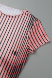 Brown Casual Striped Print Basic O Neck Short Sleeve Dress