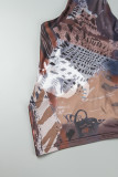 Brown Casual Print Backless Asymmetrical Oblique Collar Tops