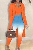 Tangerine Casual Print Patchwork Frenulum O Neck Long Sleeve Three Pieces