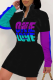 Blue Purple Street Print Patchwork Letter Zipper Collar One Step Skirt Dresses