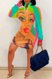 Multicolor Street Print Patchwork Letter Zipper Collar One Step Skirt Dresses