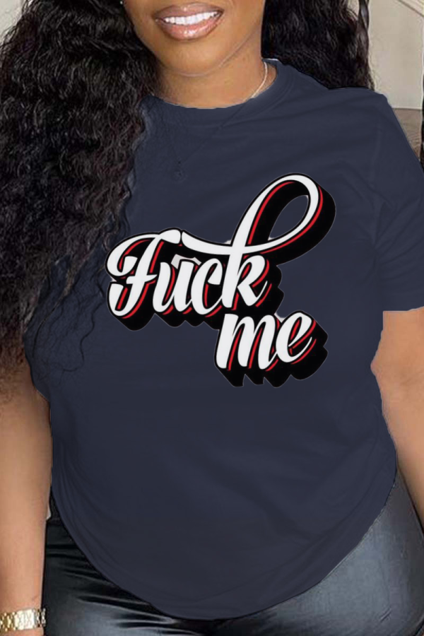Navy Blue Casual Daily Print Letter O Neck T-Shirts