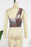 Brown Casual Print Backless Asymmetrical Oblique Collar Tops