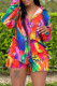 Red Casual Print Patchwork Turndown Collar Long Sleeve Two Pieces
