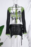 Black Sexy Color Lump Bandage Backless High Opening Contrast Asymmetrical Collar Long Sleeve Two Pieces