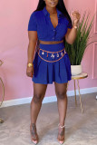Blue Sexy Solid Patchwork Buckle Fold Turndown Collar Short Sleeve Two Pieces(Not Contain A Chatelaine)