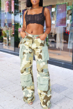 Light Green Street Camouflage Print Patchwork Pocket Regular High Waist Straight Full Print Bottoms