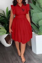 Red Casual Print Letter Turndown Collar Waist Skirt Dresses