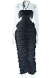 Black Sexy Solid Patchwork Backless Halter Strapless Dress Dresses