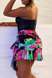 Black Street Floral Patchwork Backless Contrast Strapless Tops