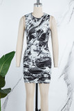 Black Casual Print Fold Basic O Neck Sleeveless Dress Dresses