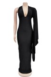 Red Sexy Casual Solid Frenulum Backless Asymmetrical V Neck Long Dress Dresses