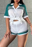 Green Casual Patchwork Hollowed Out Contrast Turndown Collar Short Sleeve Two Pieces