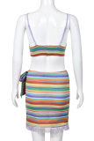 Multicolor Sexy Striped Tassel Backless Contrast Spaghetti Strap Sleeveless Two Pieces