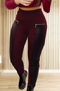 Burgundy Casual Solid Patchwork Plus Size Trousers