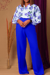 Blue Casual Print Patchwork O Neck Long Sleeve Two Pieces