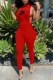 Red Casual Print Letter Turndown Collar Jumpsuits
